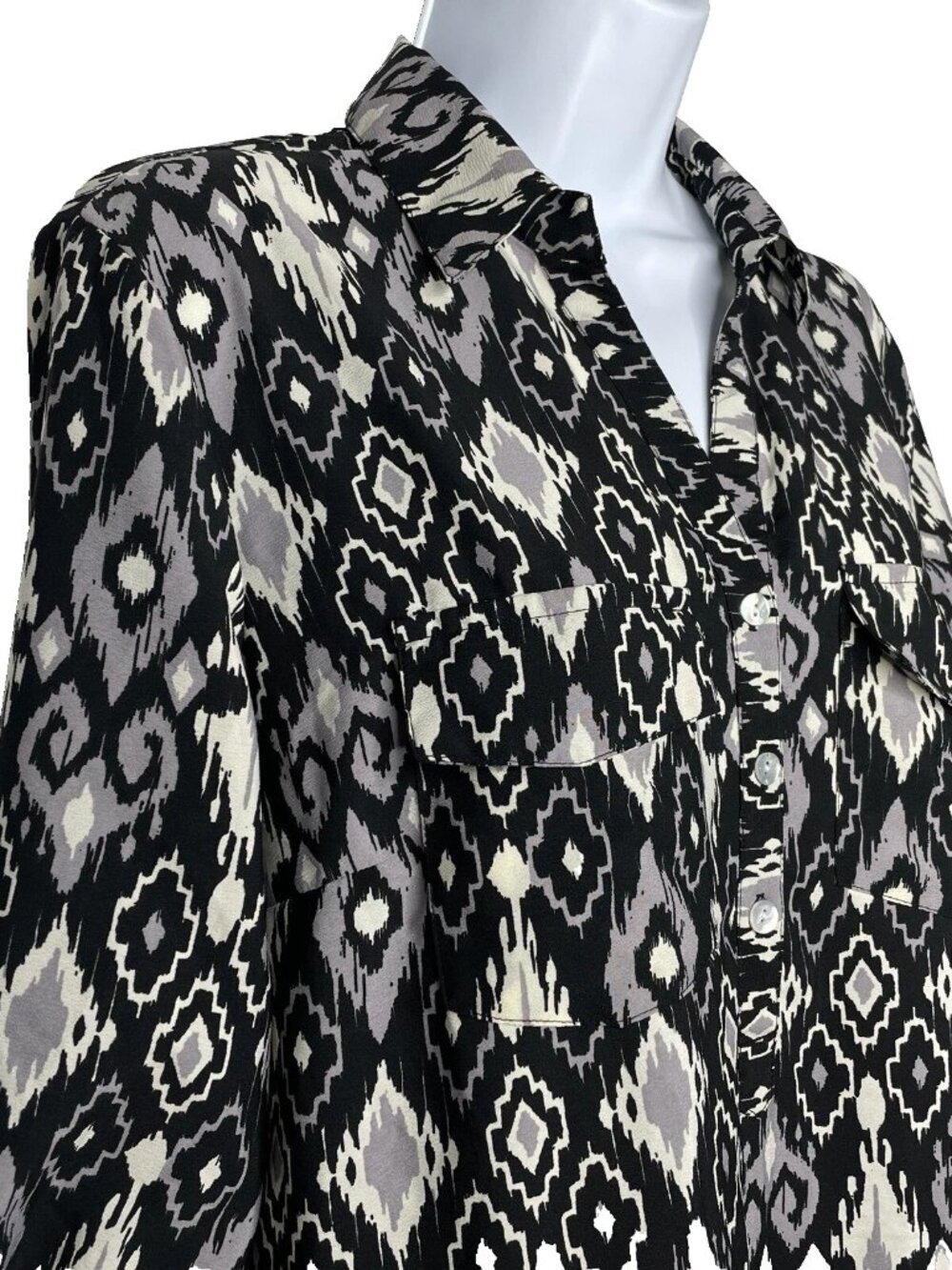 Roper Ikat Western Shirt Dress Size M Black Gray Southwestern Aztec Roll Tab - Picture 4 of 8